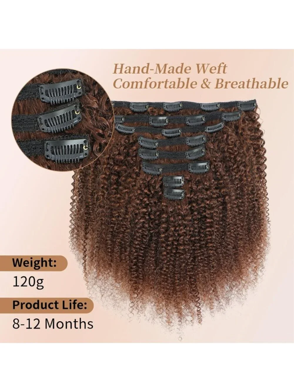 12-Inch Afro Kinky Curly Clip-Ins, Dark Brown Human Hair for 4C Texture, 8
